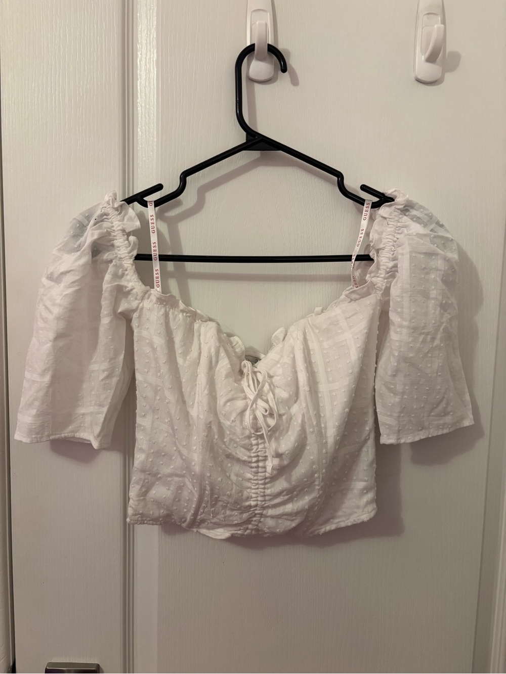 Guess White Off-Shoulder Lace-Up Peasant Top